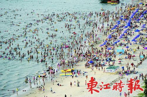 8月22日下午，惠东滨海旅游度假区巽寮湾海滩上，密密麻麻的游客在水里玩耍。 《东江时报》记者姚木森 摄